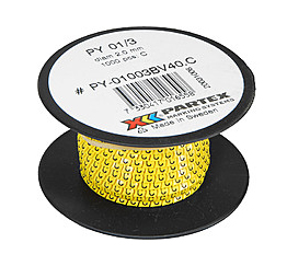 Фото Маркер закрытого профиля Partex PY-01 на провод 0.2-0.75 мм², символ "W", Ø 1.0-2.0 мм², желтый/черный (катушка 1000 шт.) {PY-01003BV40.W} (2)