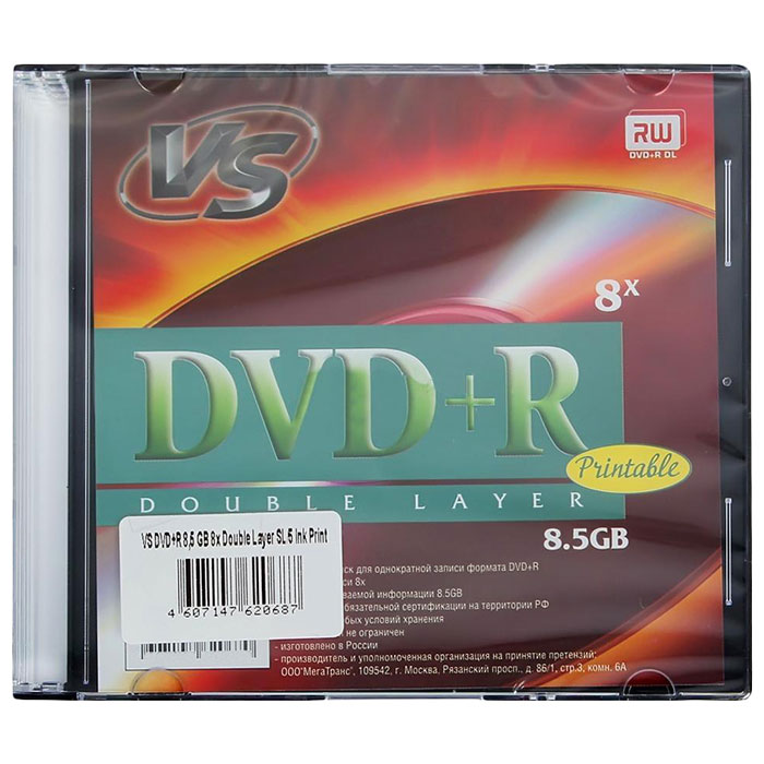 Фото Диск DVD+R VS 8,5 GB, 8x Double Layer, Slim Case (1), Ink Printable (1/200) 20670 {VSDVDPRDLSLPR01}