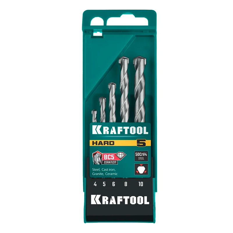 Фото KRAFTOOL HARD 5 шт: 4-5-6-8-10 мм набор сверл по по твёрдым материалам {29177-H5} (1)