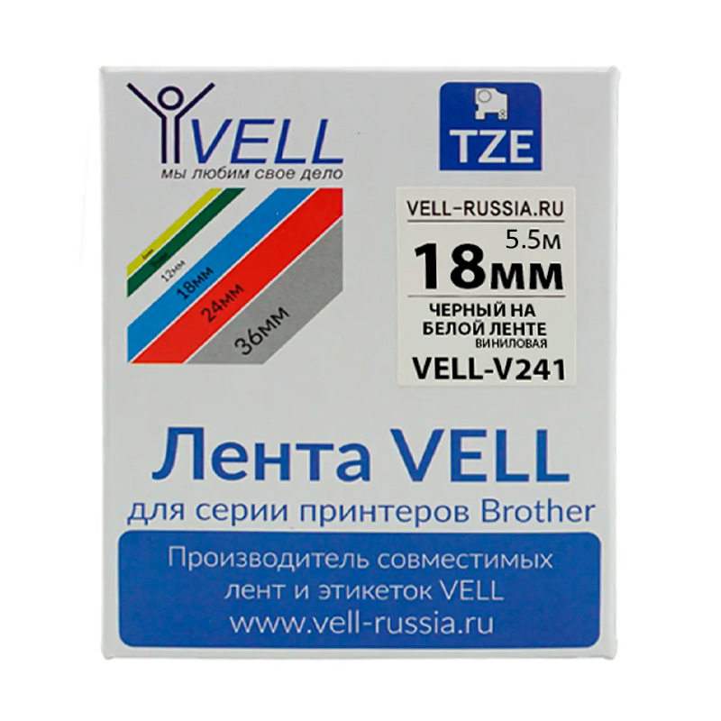 Фото Лента виниловая Vell V-241 (18 мм, черный на белом) для PT D450/D600/E300/2700/ P700/P750/E550/9700/P900/2430 {Vell-V241}