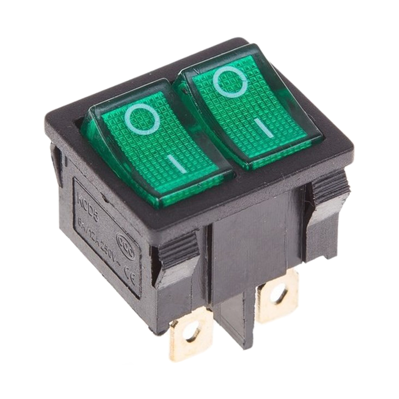 Фото Двойной выключатель клавишный Rexant Mini ON-OFF зелёный с подсветкой (250В 6А (6с)) {36-2163}