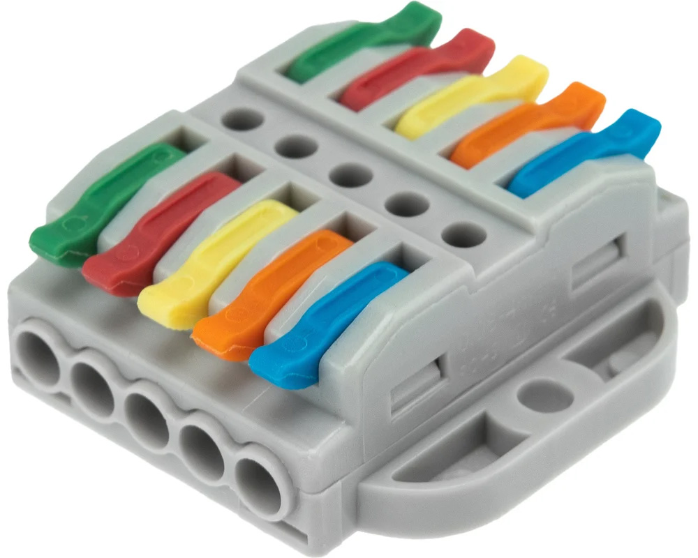 Фото Клемма СМК 222-425P проходная 5 полюсов, с монтажной площадкой (0,08-4 мм²), серая (блистер 4 шт./уп.) REXANT {07-6265-4}