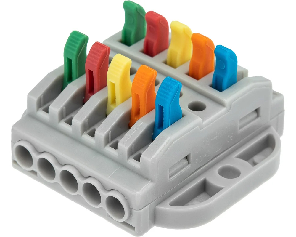 Фото Клемма СМК 222-425P проходная 5 полюсов, с монтажной площадкой (0,08-4 мм²), серая (блистер 4 шт./уп.) REXANT {07-6265-4} (1)