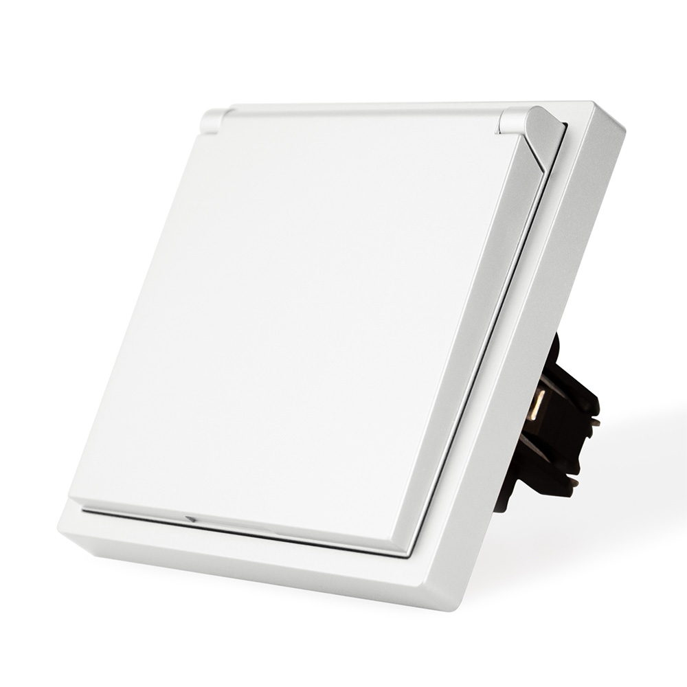 Фото Розетка белая, электрическая с защитной крышкой, 1 пост, с тонкой пластиковой рамкой Vell {WH-EUW-Grand} (3)