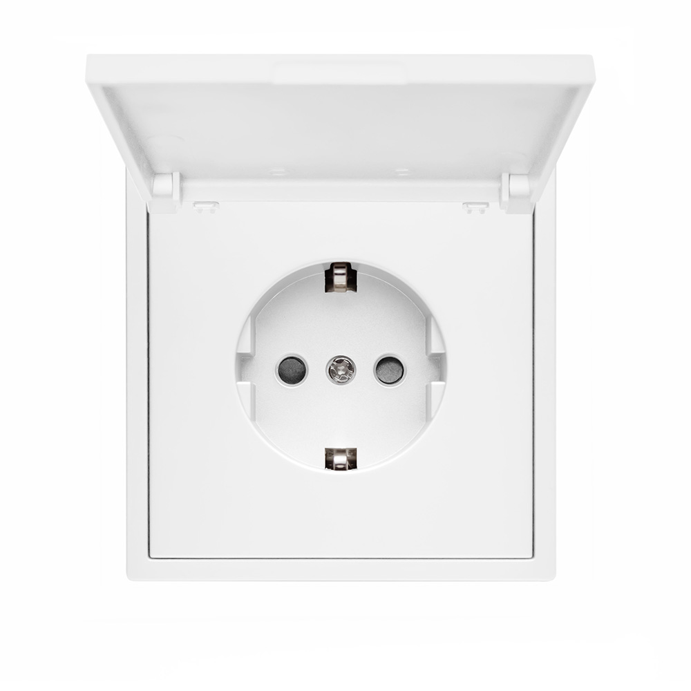 Фото Розетка белая, электрическая с защитной крышкой, 1 пост, с тонкой пластиковой рамкой Vell {WH-EUW-Grand} (5)