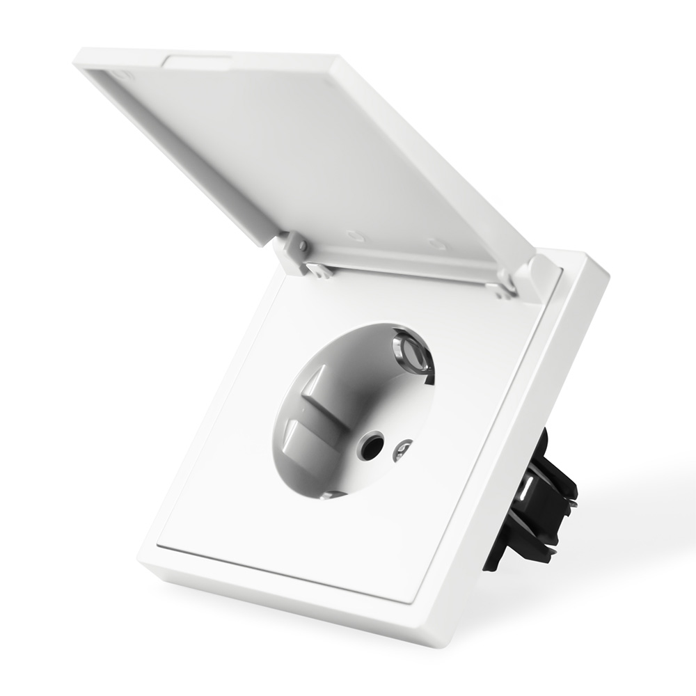 Фото Розетка белая, электрическая с защитной крышкой, 1 пост, с тонкой пластиковой рамкой Vell {WH-EUW-Grand}