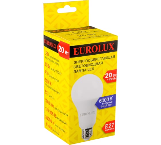 Фото Лампа светодиодная LL-E-A70-20W-230-6K-E27 (груша, 20Вт, холод., Е27) Eurolux {76/2/77} (2)