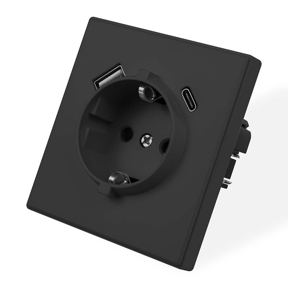 Фото Розетка электрическая, черная, 1 пост, USB-A, USB-С, с рамкой Vell Air {V702086}
