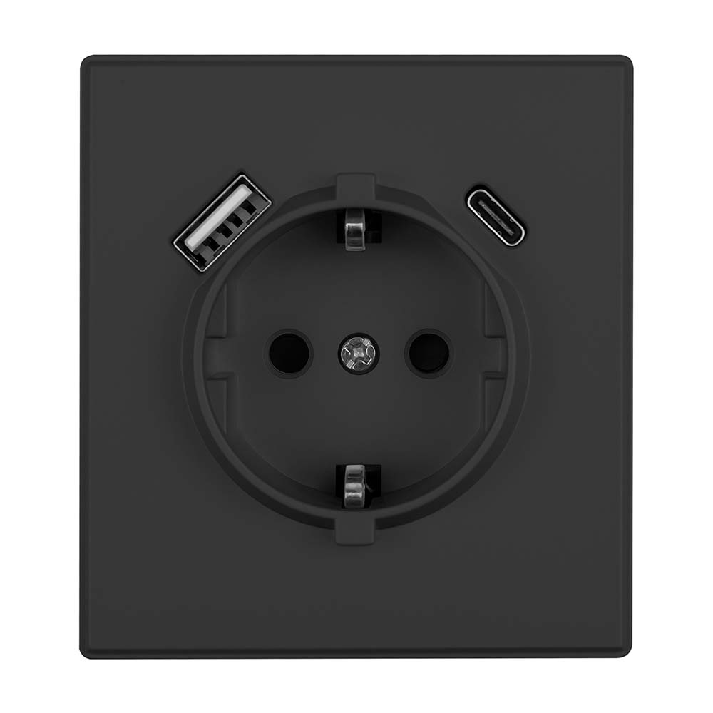 Фото Розетка электрическая, черная, 1 пост, USB-A, USB-С, с рамкой Vell Air {V702086} (1)