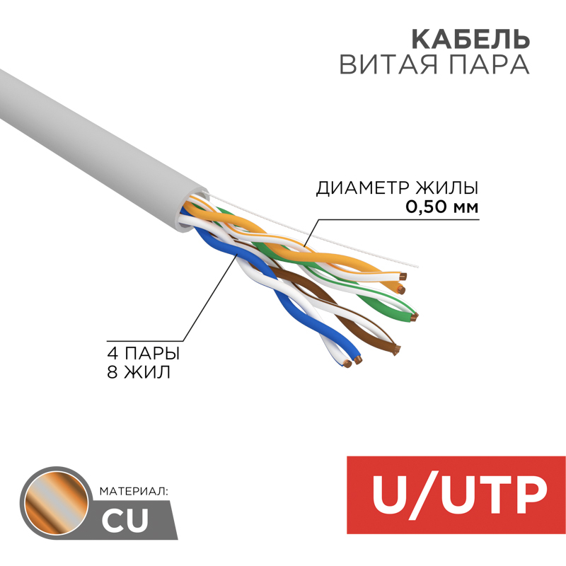 Фото Кабель витая пара U/UTP, CAT 5e, PVC, 4PR, 24AWG, INDOOR, SOLID, серый, 305м, РФ REXANT {01-0043-R} (1)