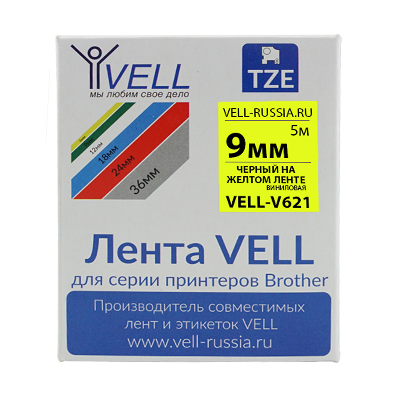 Фото Лента виниловая Vell V-621 (9 мм, черный на желтом) для PT 1010/1280/D200/H105/E100/ D600/E300/2700/ P700/E550/9700 {Vell-V621}
