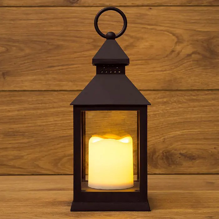 Фото Декоративный фонарь со свечкой, черный корпус, размер 10.5х10.5х24 см, цвет теплый белый {513-051}
