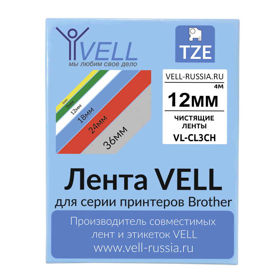 Фото Чистящая лента Vell VL-CL3CH (с чипом, 12 мм) для Puty PT-100E/100ECH/Brother D200/E110/ D600/E300/P700/E550/P900 {Vell-CL3CH}