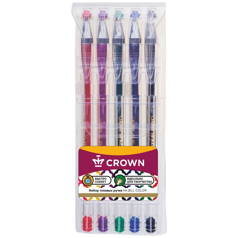 Фото Набор гелевых ручек Crown "Hi-Jell Color" 5 шт., 5 цв., ПВХ уп., европодвес HJR-500SET/5 {003349} (1)