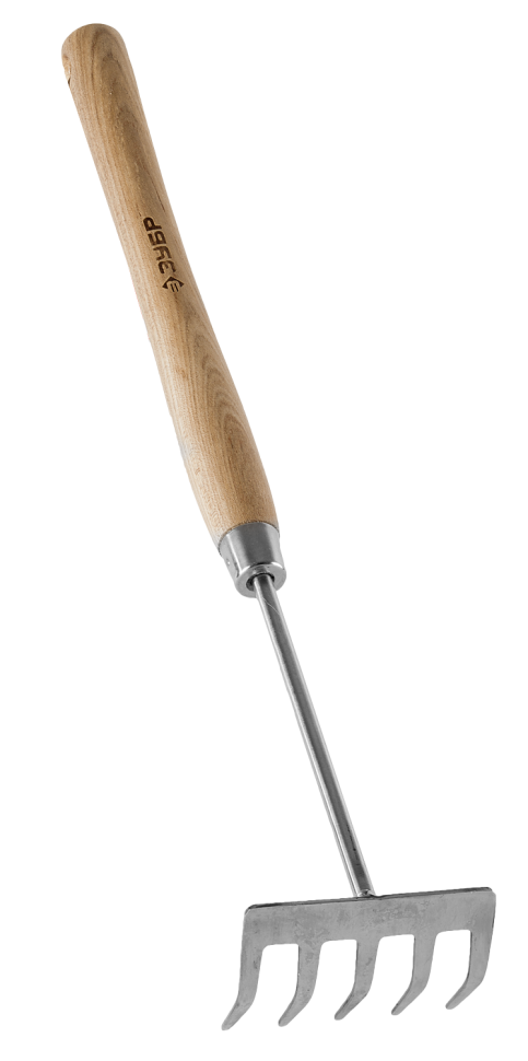 Фото Грабельки ЗУБР "ЭКСПЕРТ" из нержавеющей стали, деревянная ручка из ясеня, 5 прямых зубцов, 88x65x480мм {4-39473}