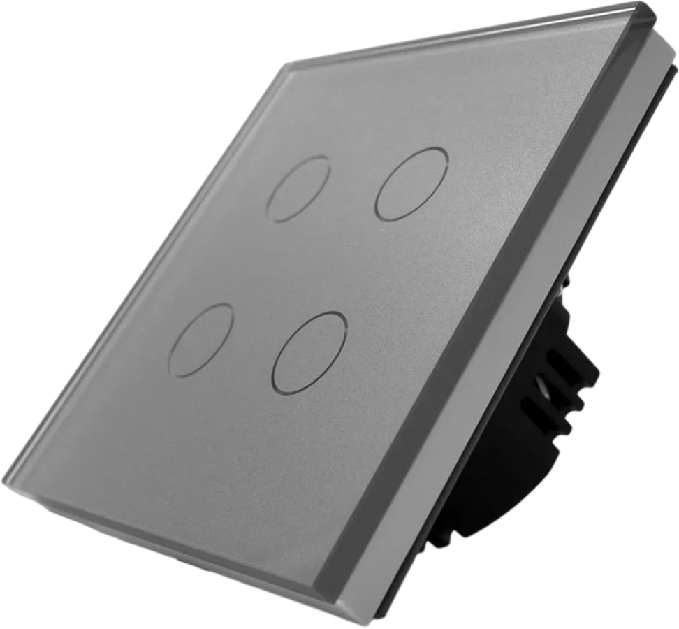 Фото Сенсорный выключатель серый, четырехклавишный, 1 пост, стеклянная панель Vell {GY1P-4G}