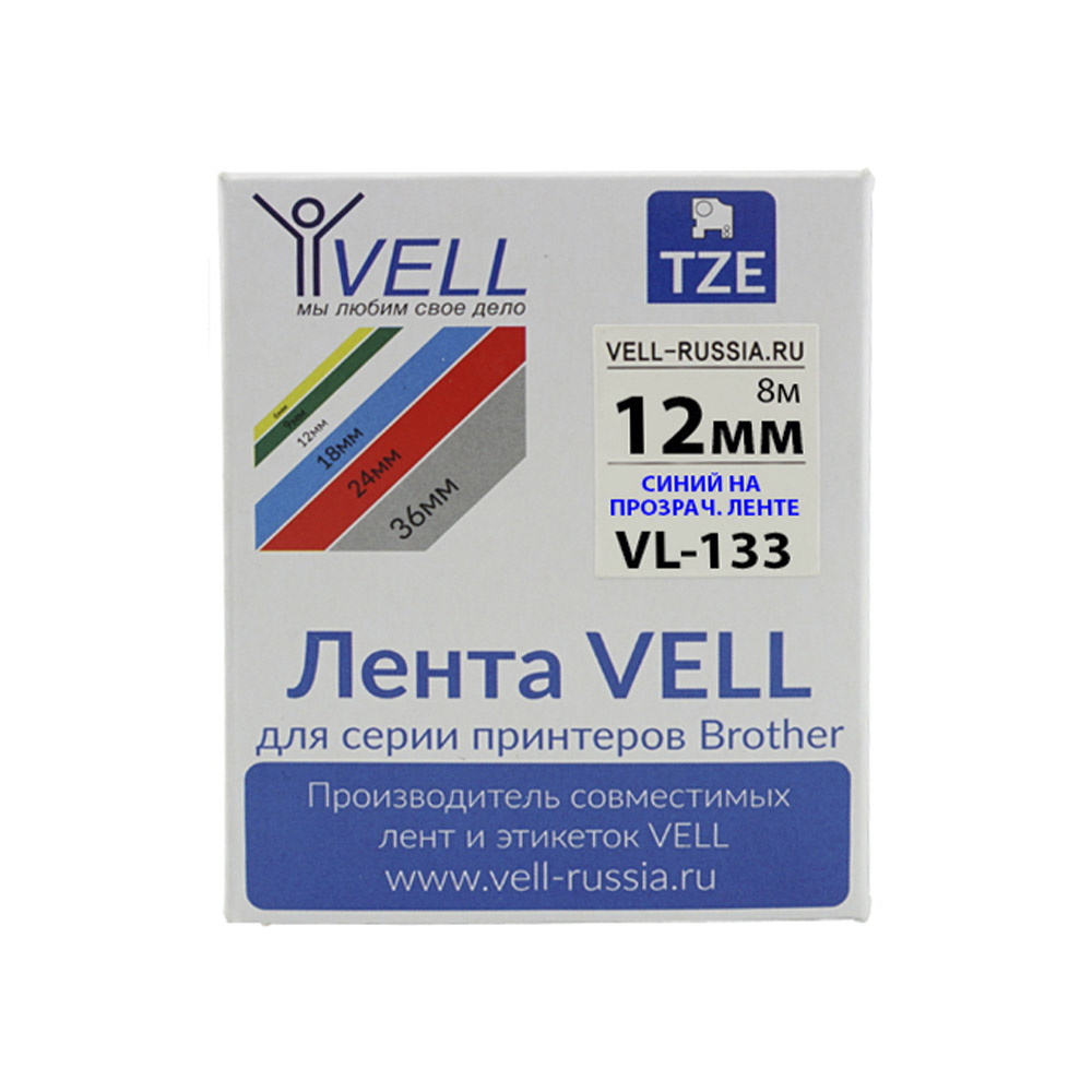 Фото Лента Vell VL-133 (Brother TZE-133, 12 мм, синий на прозрачном) для PT 1010/1280/D200/H105/E100/ D600/E300/2700/ P700/E550/9700 {Vell-133}
