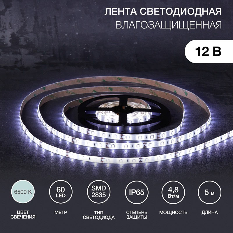 Фото Лента светодиодная 12В, SMD2835, 4,8Вт/м, 60 LED/м, 6500К, 8мм, 5м, для БП с клеммами, IP65 LAMPER {141-2015} (3)