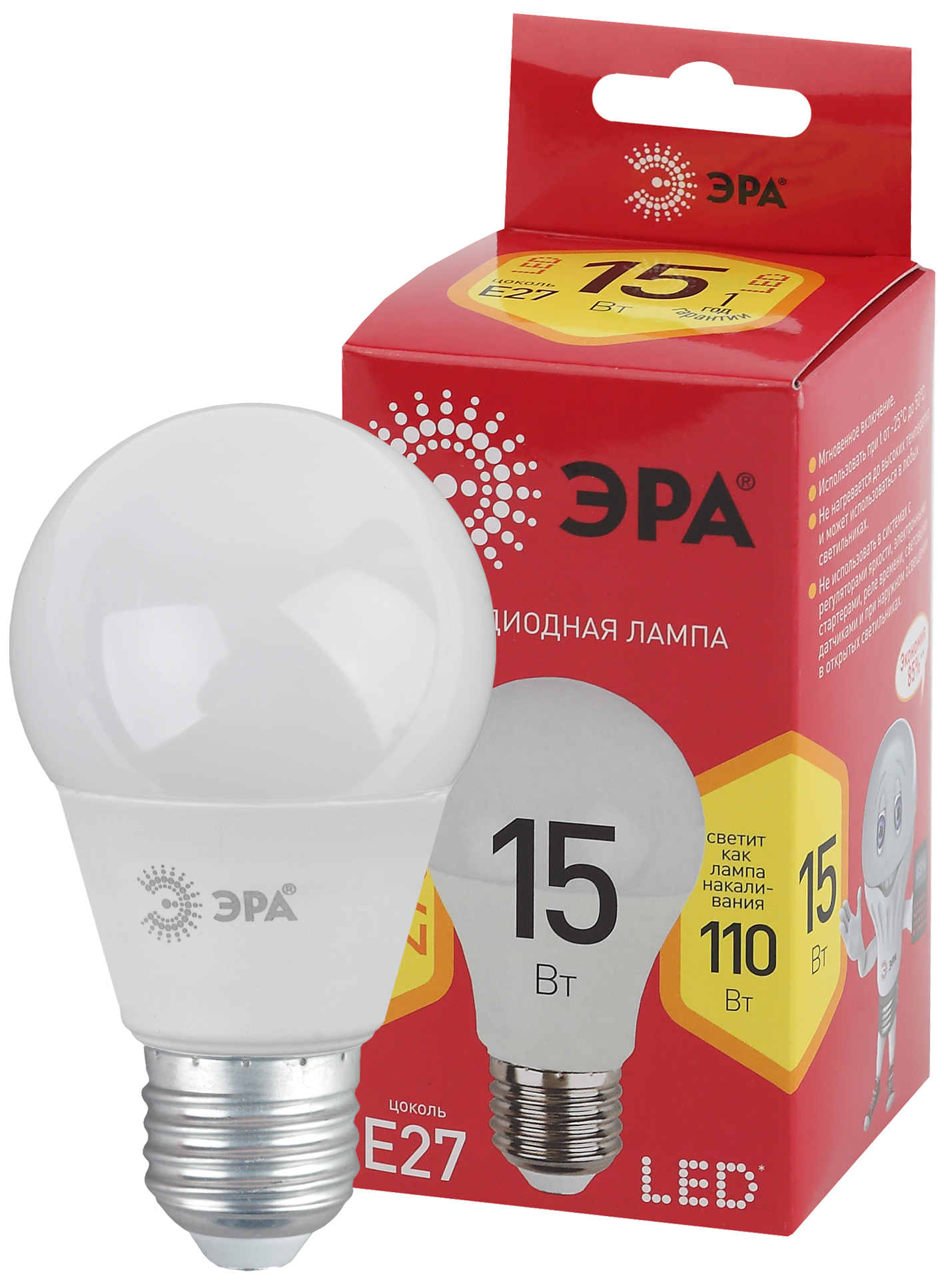 Фото ЭРА LED A60-15W-827-E27 R (диод, груша, 15Вт, тепл, E27) {Б0046355}