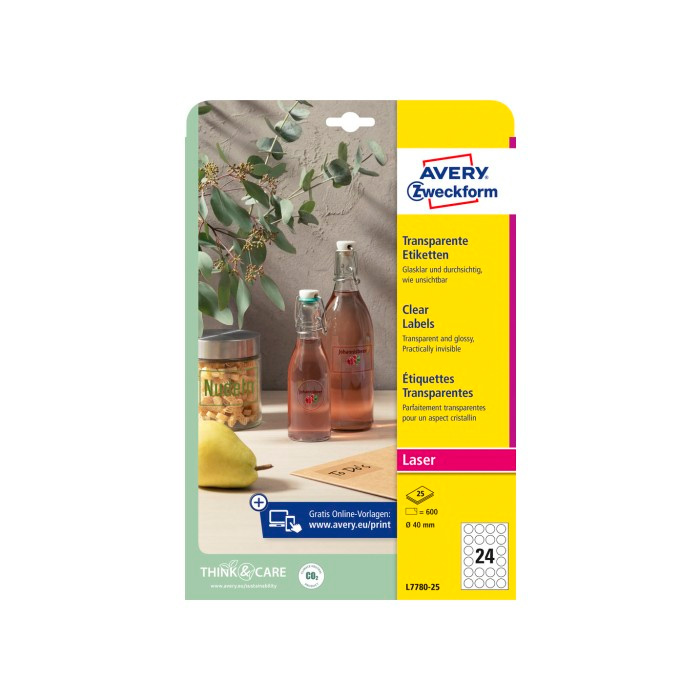 Фото Круглые самоклеящиеся этикетки, прозрачные Ø 40 мм (24 шт. на листе A4, 25 листов) {L7780-25}