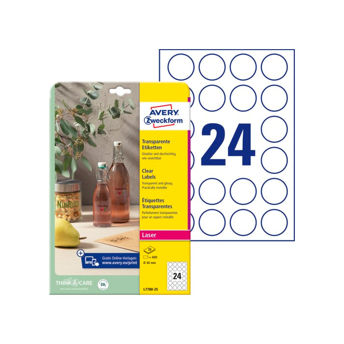 Фото Круглые самоклеящиеся этикетки, прозрачные Ø 40 мм (24 шт. на листе A4, 25 листов) {L7780-25} (1)