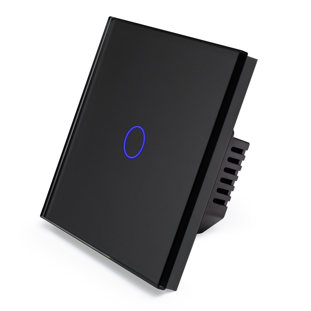 Фото Сенсорный выключатель с нулем, черный, одноклавишный, 1 пост, с Wi-Fi, с Алисой, стеклянная панель Vell {BK1P-1G-S} (1)