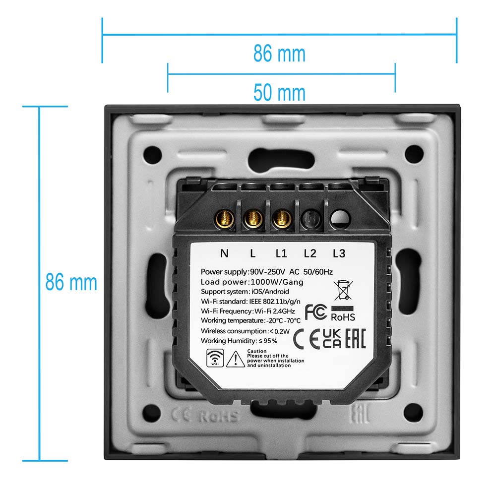 Фото Сенсорный выключатель с нулем, черный, одноклавишный, 1 пост, с Wi-Fi, с Алисой, стеклянная панель Vell {BK1P-1G-S} (3)
