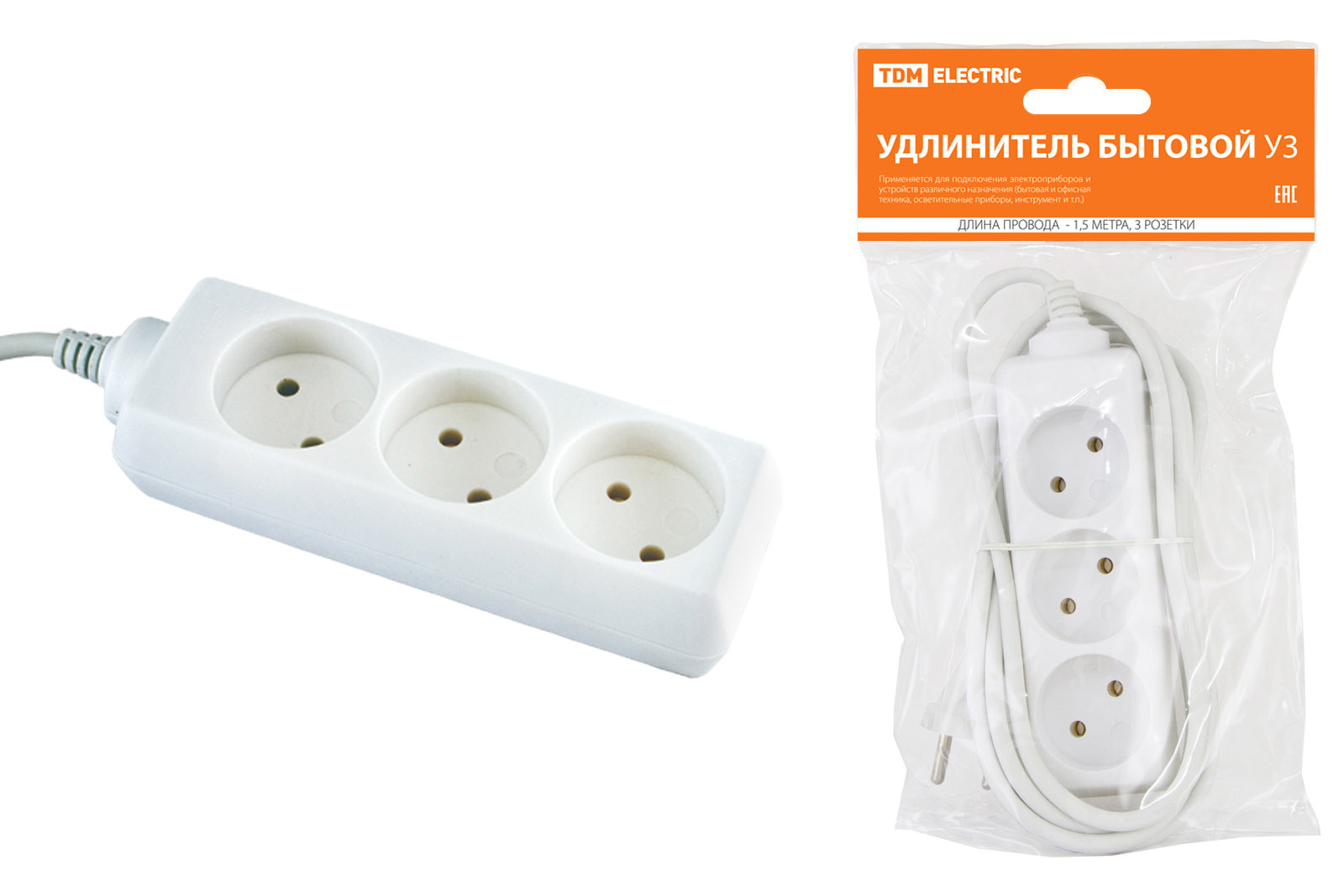Фото Удлинитель бытовой У3 3 гнезда, 1,5метра, без заземления, ПВС 2х0,75 мм2 10А/250В TDM {SQ1303-0200}