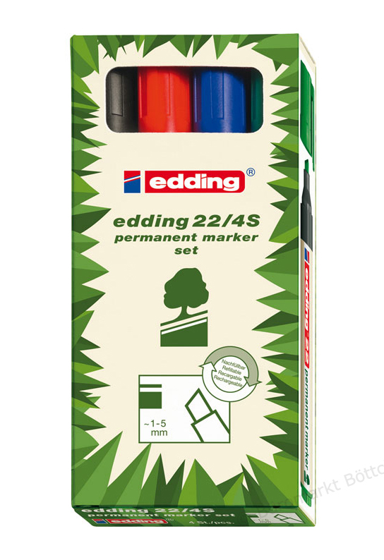 Фото Набор перманентных маркеров Edding EcoLine, скошенный наконечник, 1-5 мм, 4 цвета {E-22#4S}