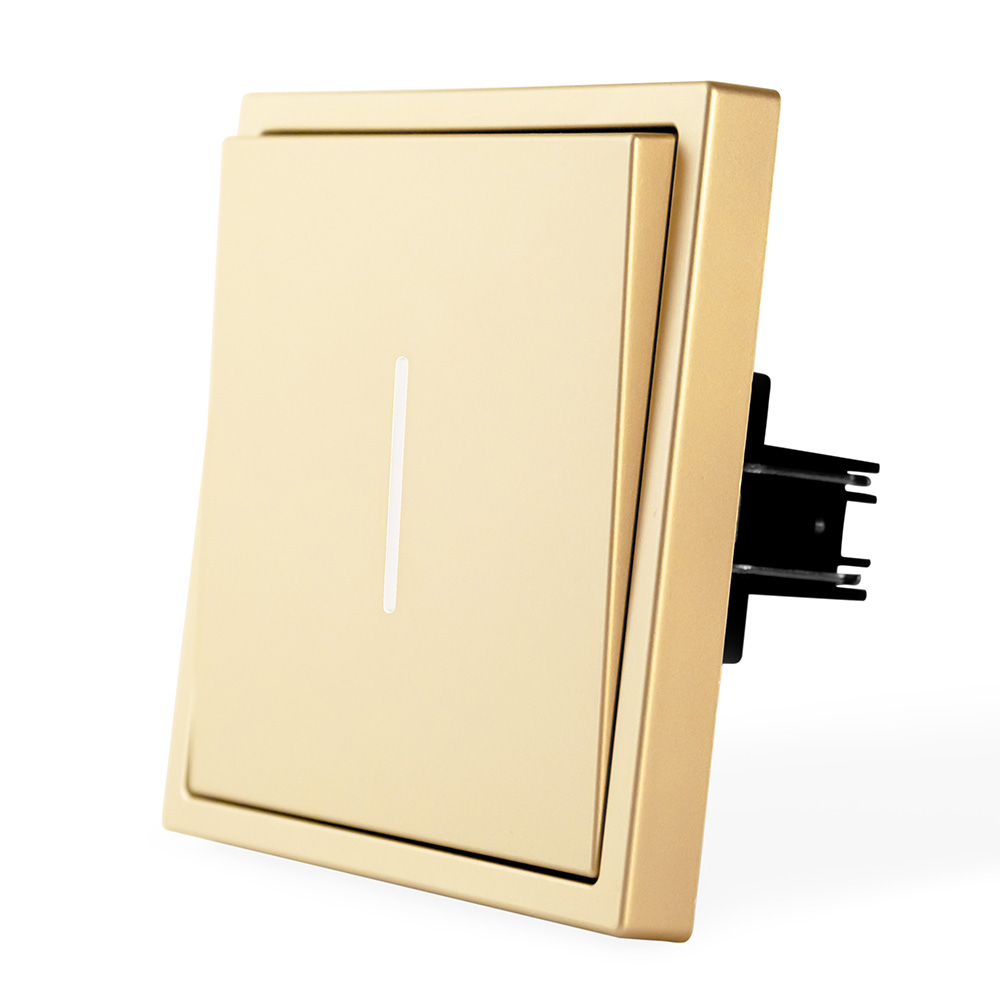 Фото Выключатель c подсветкой золотой, одноклавишный, 1 пост, с тонкой пластиковой рамкой Vell EchoGrand {GD1P-1L-EchoGrand} (2)