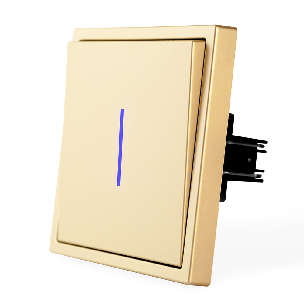 Фото Выключатель c подсветкой золотой, одноклавишный, 1 пост, с тонкой пластиковой рамкой Vell EchoGrand {GD1P-1L-EchoGrand}