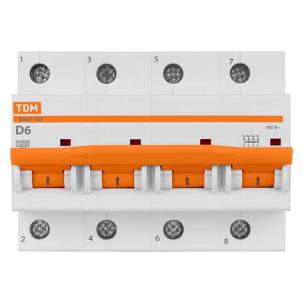 Фото Автоматический выключатель ВА47-100 4Р 6А 10кА х-ка D TDM {SQ0207-0143} (1)