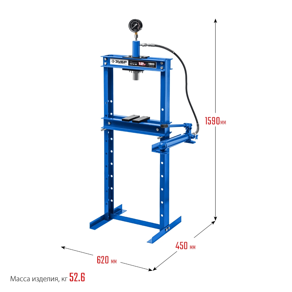 Фото Гидравлический пресс с гидронасосом и манометром, Профессионал ЗУБР ПГН-12, 12 т {43072-12} (1)