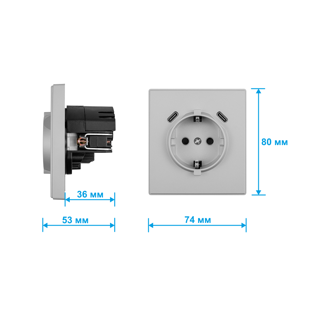 Фото Розетка электрическая, светло-серая, 1 пост, USB-С, USB-С, с рамкой Vell Air {V702092} (4)