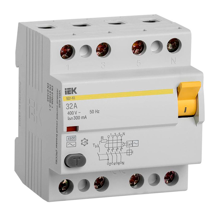 Фото Выключатель дифференциального тока (УЗО) 4п 32А 300мА тип AC ВД1-63 IEK MDV10-4-032-300