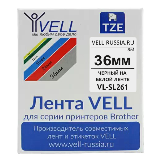 Фото Лента Vell VL-SL261 кассета с самоламинирующейся лентой - чёрный на белом, 36 мм ширина, длина 8 м, для PT9700/P900W {Vell-SL261}