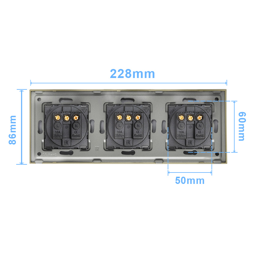 Фото Розетка золотая, электрическая, 3 поста, стеклянная рамка Vell {GD3P-EU} (2)