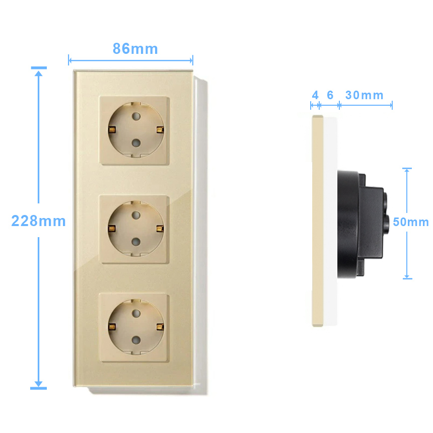 Фото Розетка золотая, электрическая, 3 поста, стеклянная рамка Vell {GD3P-EU} (3)
