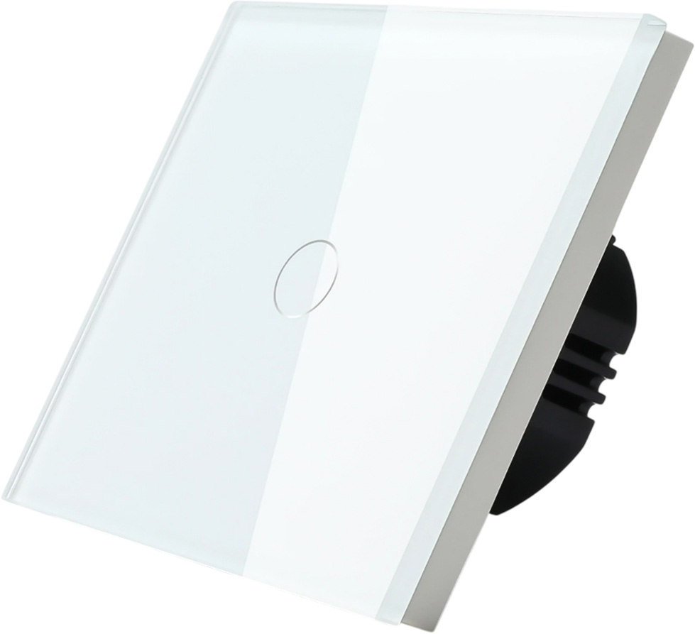 Фото Сенсорный выключатель белый, одноклавишный, 1 пост, стеклянная панель Vell {WH1P-1G}