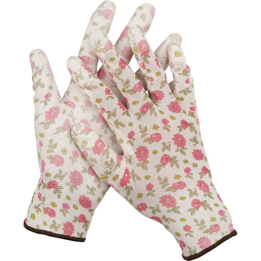 Фото Перчатки GRINDA садовые, прозрачное PU покрытие, 13 класс вязки, бело-розовые, размер S {11291-S}
