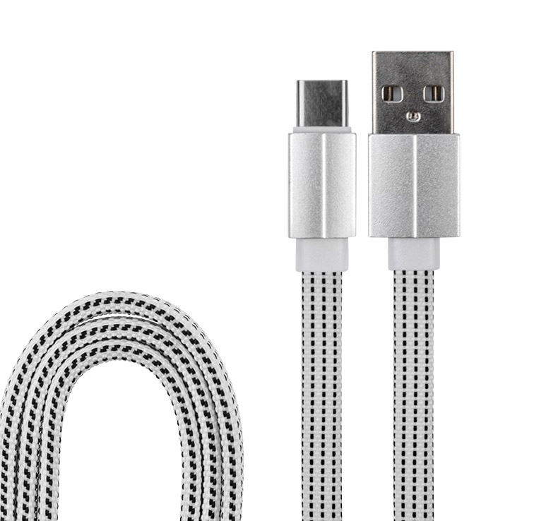 Фото USB кабель USB Type-C, белый текстиль, 1 метр (плоский шнур) REXANT {18-1871}