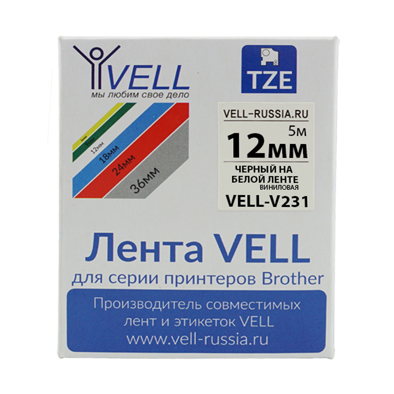 Фото Лента виниловая Vell V-231 (12 мм, черный на белом) для PT 1010/1280/D200/H105/E100/ D600/E300/2700/ P700/E550/9700 {Vell-V231}