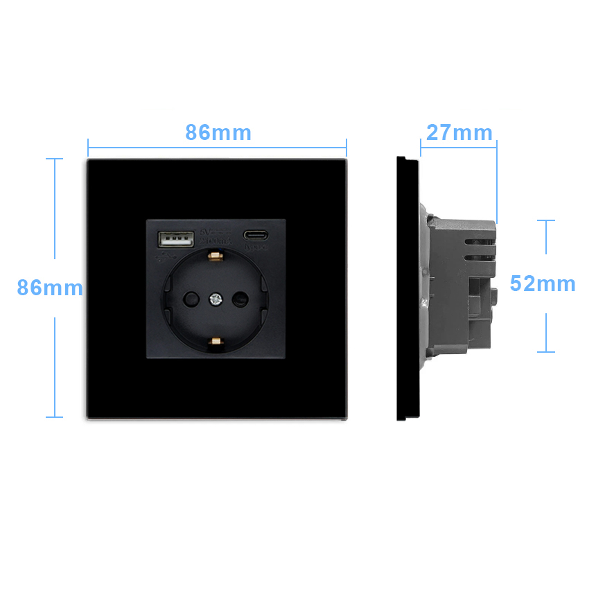 Фото Розетка электрическая, черная, 1 пост, USB-A, USB-C, стеклянная рамка Vell {BK1P-EUAC} (3)