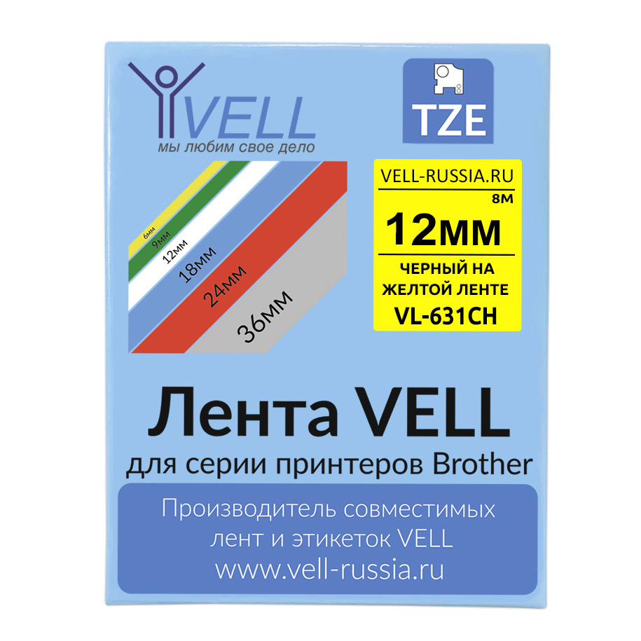 Фото Лента Vell VL-631CH (с чипом, 12 мм, черный на желтом) для Puty PT-100E/100ECH/Brother D200/E110/ D600/E300/2700/ P700/E550/P900 {Vell-631CH}