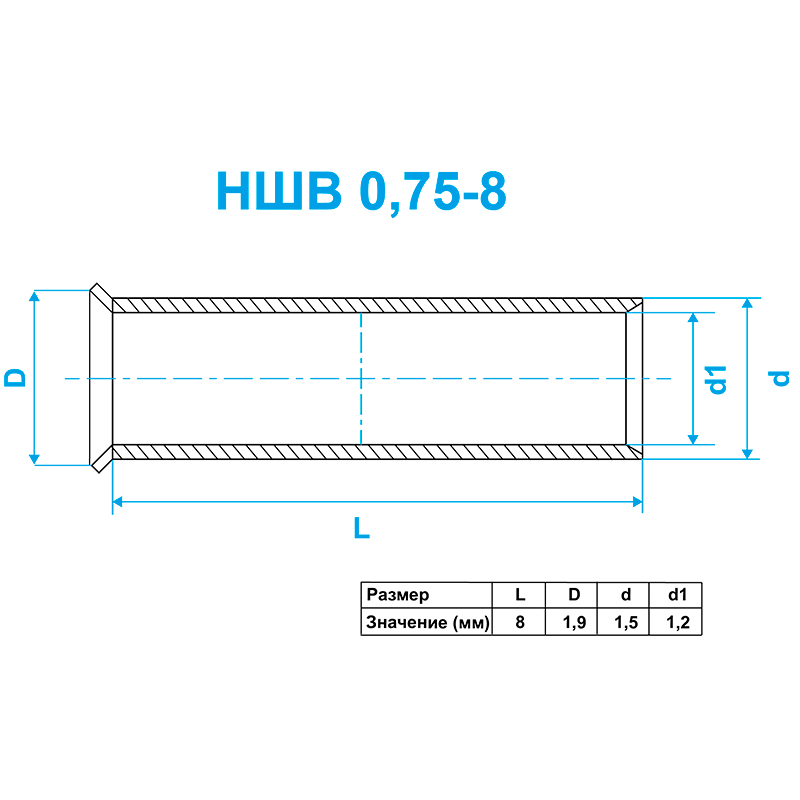 Фото Наконечник штыревой втулочный Vell, НШВ 0,75-8, 100 шт {VLnhv-0.75-8(100)} (2)