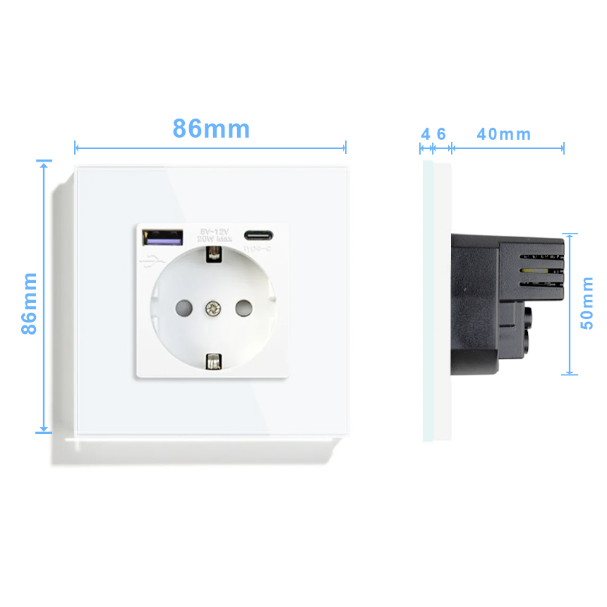 Фото Розетка электрическая, белая, 1 пост, USB-A, USB-C, быстрая зарядка, стеклянная рамка Vell {WH1P-EUACF} (2)