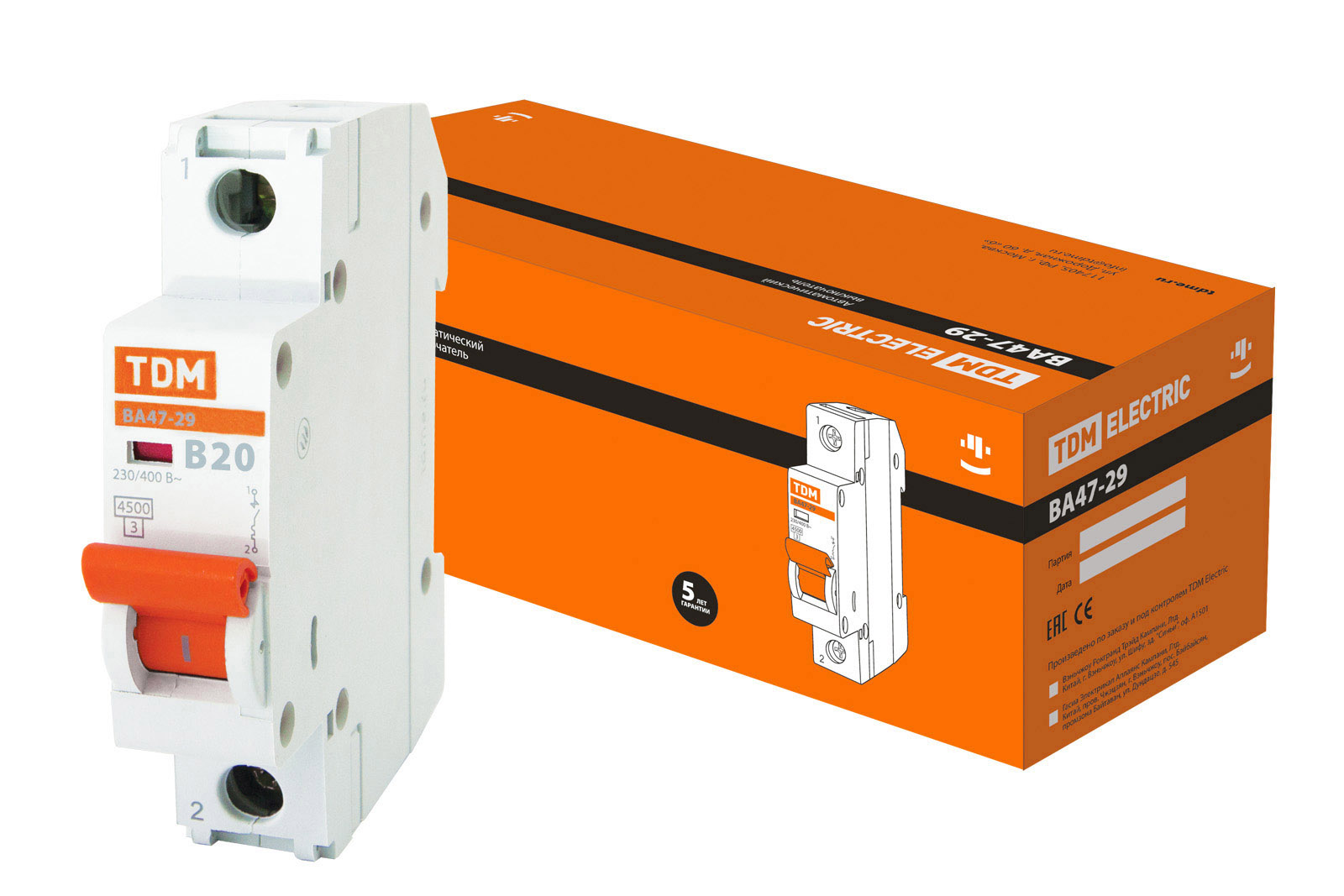 Фото Автоматический выключатель ВА47-29 1P 20А 4,5кА х-ка В TDM {SQ0206-0011}