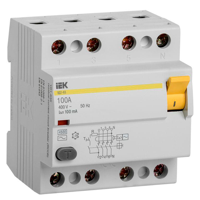 Фото Выключатель дифференциального тока (УЗО) 4п 100А 100мА тип AC ВД1-63 IEK MDV10-4-100-100