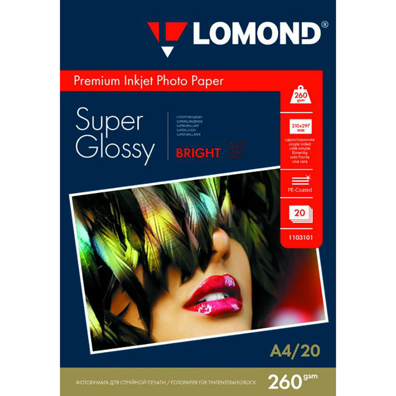 Фото Фотобумага Lomond Super Glossy Bright высококачественная суперглянцевая односторонняя, 260 г/м², A4, 20 л. {1103101}