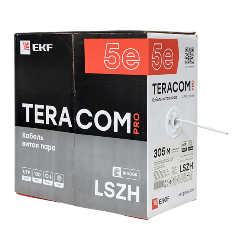 Фото Кабель витая пара U/UTP кат.5E 4 пары 24 AWG solid LSZH нг(А)-HF сер. TERACOM PRO EKF TRP-5EUTP-04LSH-GY-IN3 (1)